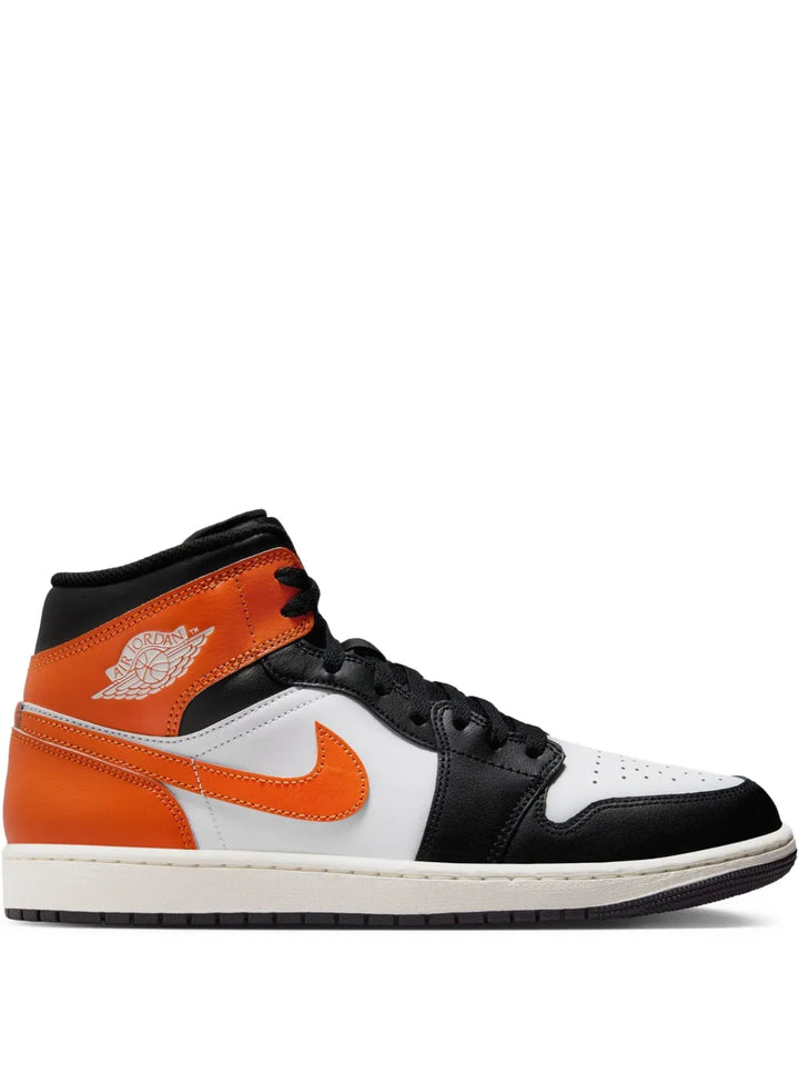 Air Jordan 1 Mid Black Toe Starfish Sneakers — Orange/Black/White — Size US M 9.5 - US W 11 — Front View