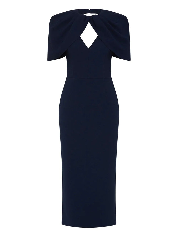 Rebecca Vallance Petal Sleeve Draped Midi Dress — Blue/ Navy — Size XS — Front View