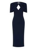 Rebecca Vallance Petal Sleeve Draped Midi Dress — Blue/ Navy — Size XS — Front View