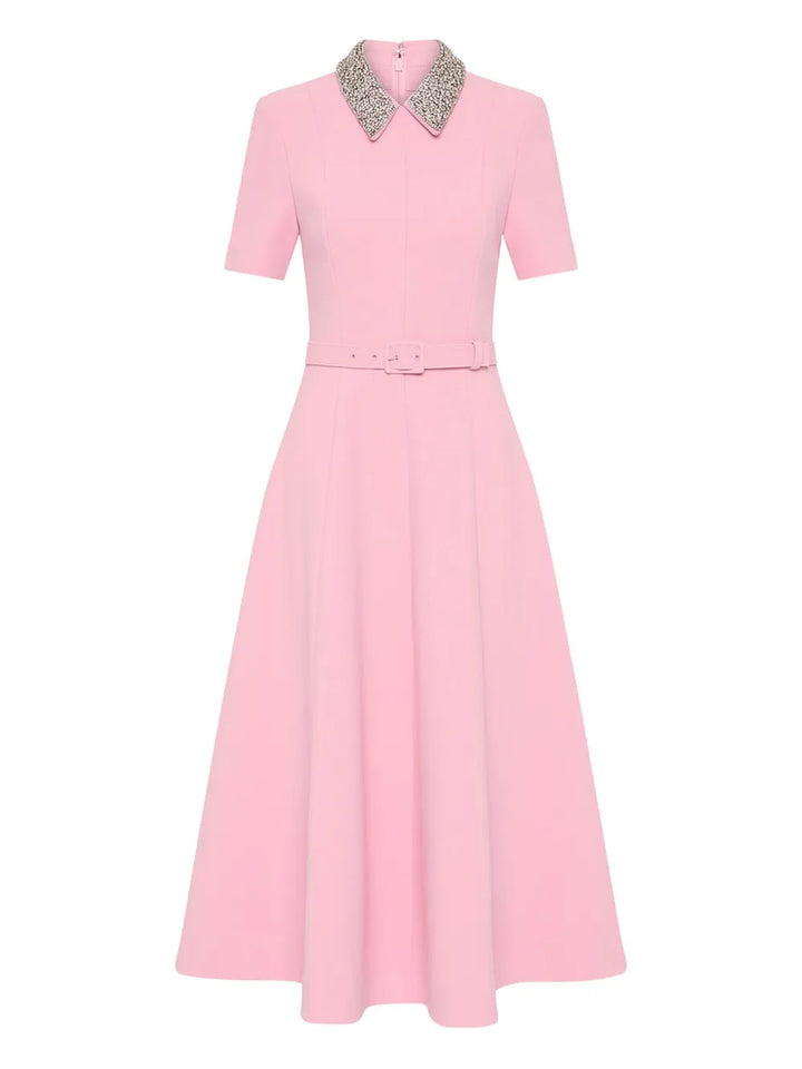 Rebecca Vallance Embellished Collar Belted Dress — Pink — Size XS — Front View