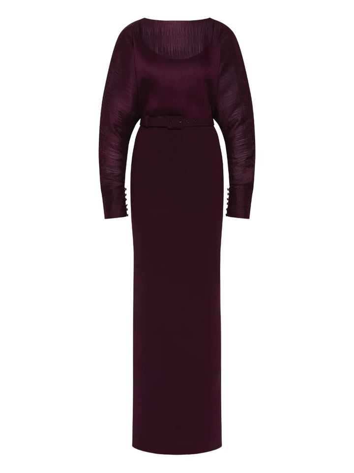 Rebecca Vallance Syrah Pleated Belted Gown — Black — Size XS — Front View
