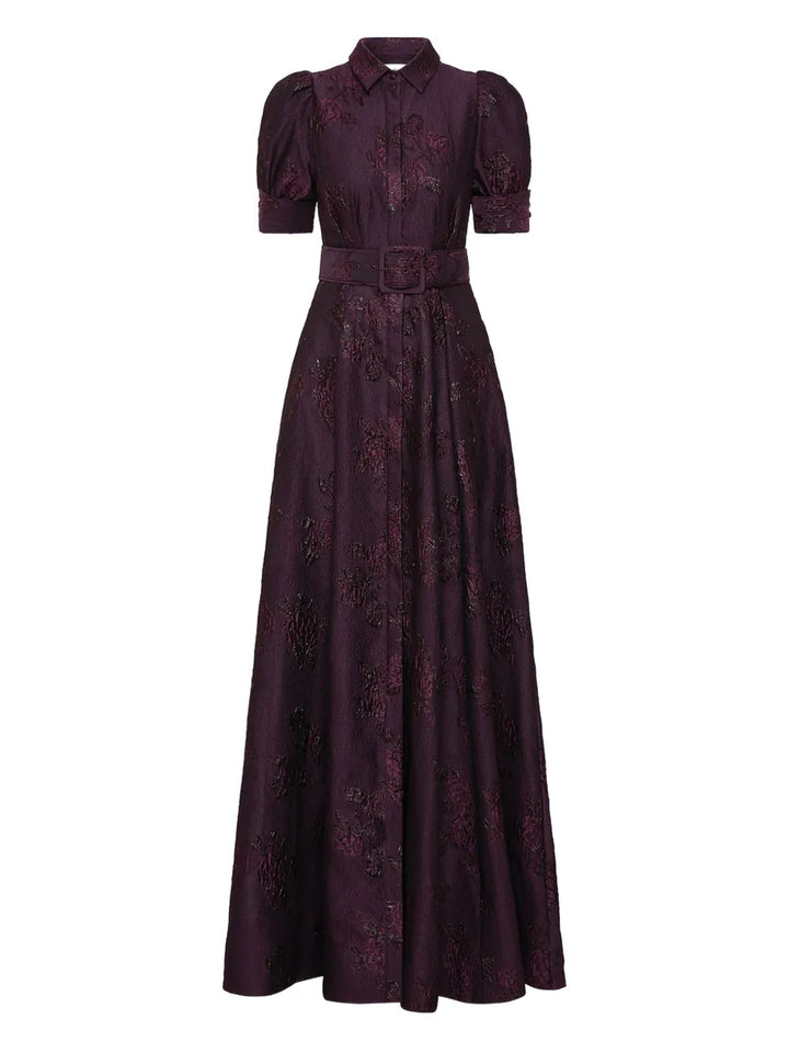 Rebecca Vallance Afina Puff Sleeve Brocade Gown — Red/ Purple — Size XS — Front View