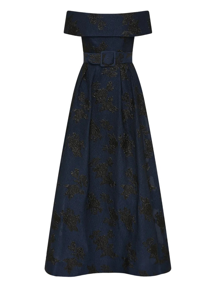 Rebecca Vallance Off Shoulder Floral Pattern Gown — Blue/ Navy — Size XS — Front View