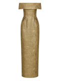 Rebecca Vallance Off Shoulder Brocade Gown — Gold — Size S — Front View