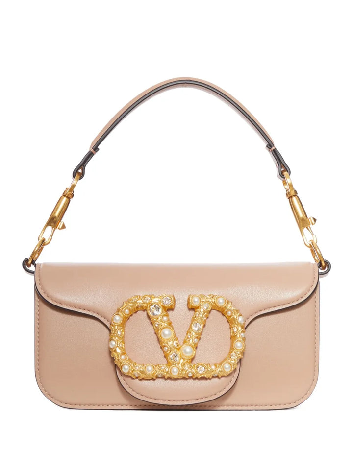 Valentino Garavani Vlogo Pearl Embellished Leather Shoulder Bag — Same as shown — Size One Size — Front View