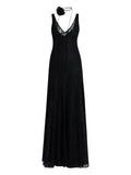 De La Vali Lace Overlay V Neck Dress — Black — Size XS — Front View