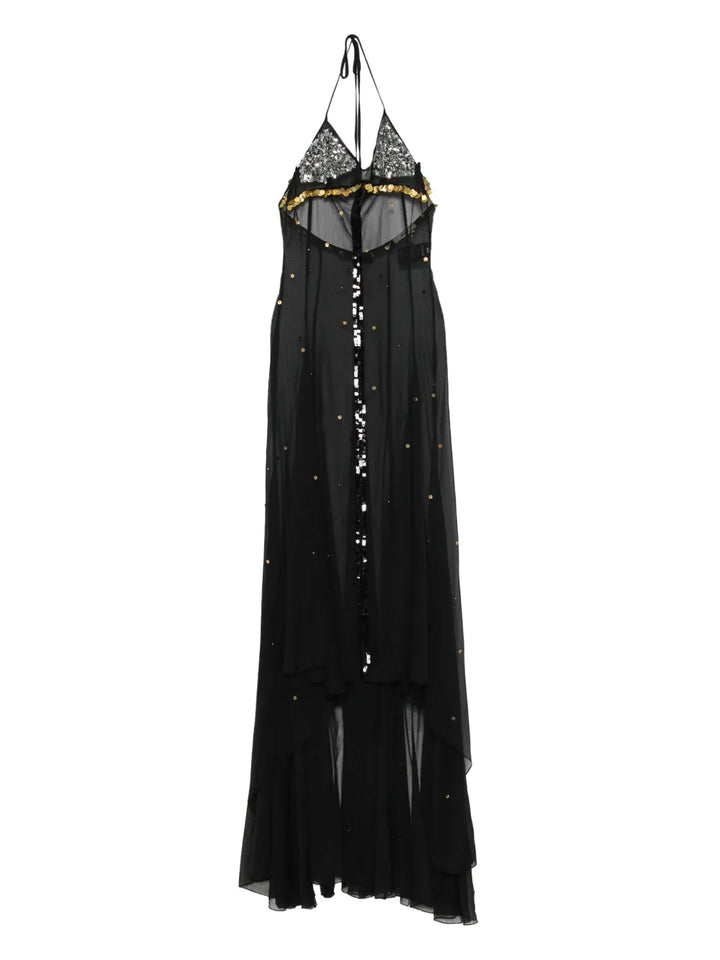 Siedres Vesina Sequin Embellished Halter Neck Maxi Dress — Black/ Gold — Size XS — Front View