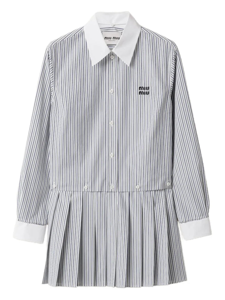 Miu Miu Pleated Striped Mini Shirt Dress — White/ Blue/ Navy — Size XS — Front View