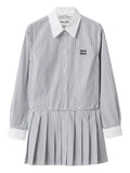 Miu Miu Pleated Striped Mini Shirt Dress — White/ Blue/ Navy — Size XS — Front View