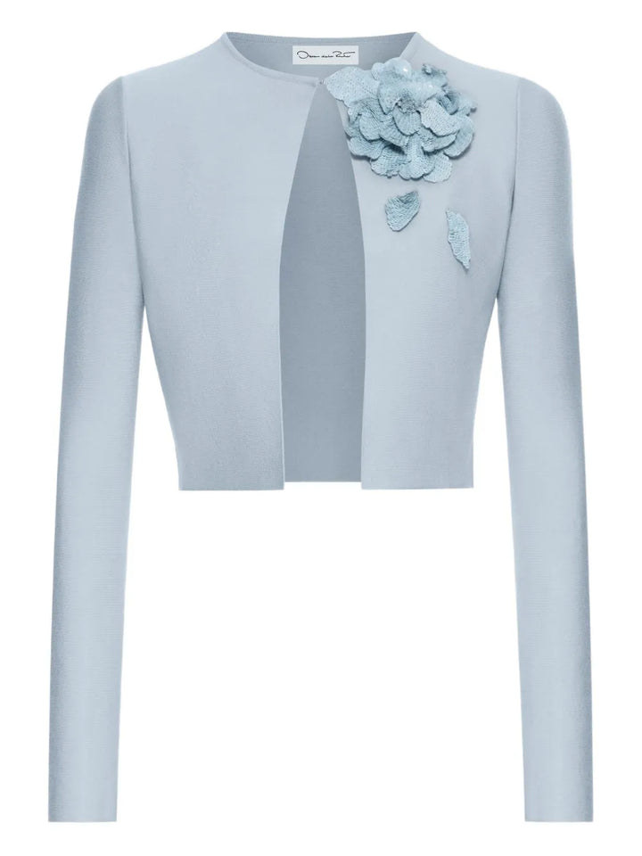 Oscar De La Renta Floral Applique Knit Dress — Blue — Size L — Front View