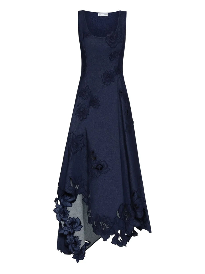 Oscar De La Renta Embroidered Floral Laser Cut Asymmetric Dress — Blue/ Red — Size XS — Front View