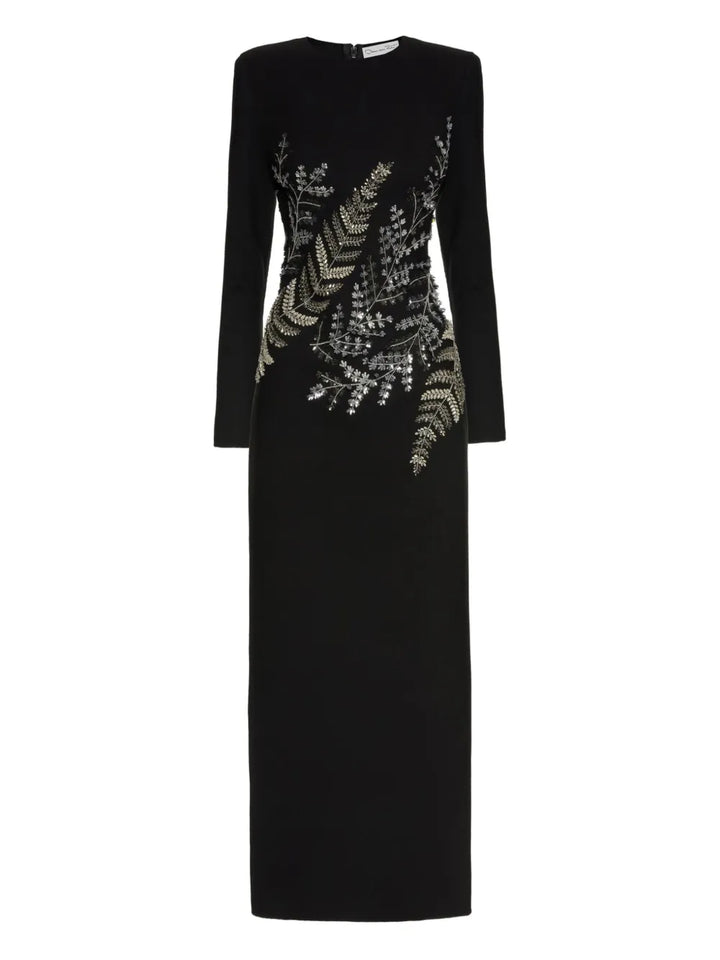 Oscar De La Renta Fern Embroidered Long Sleeve Gown — Black/ Red — Size S — Front View