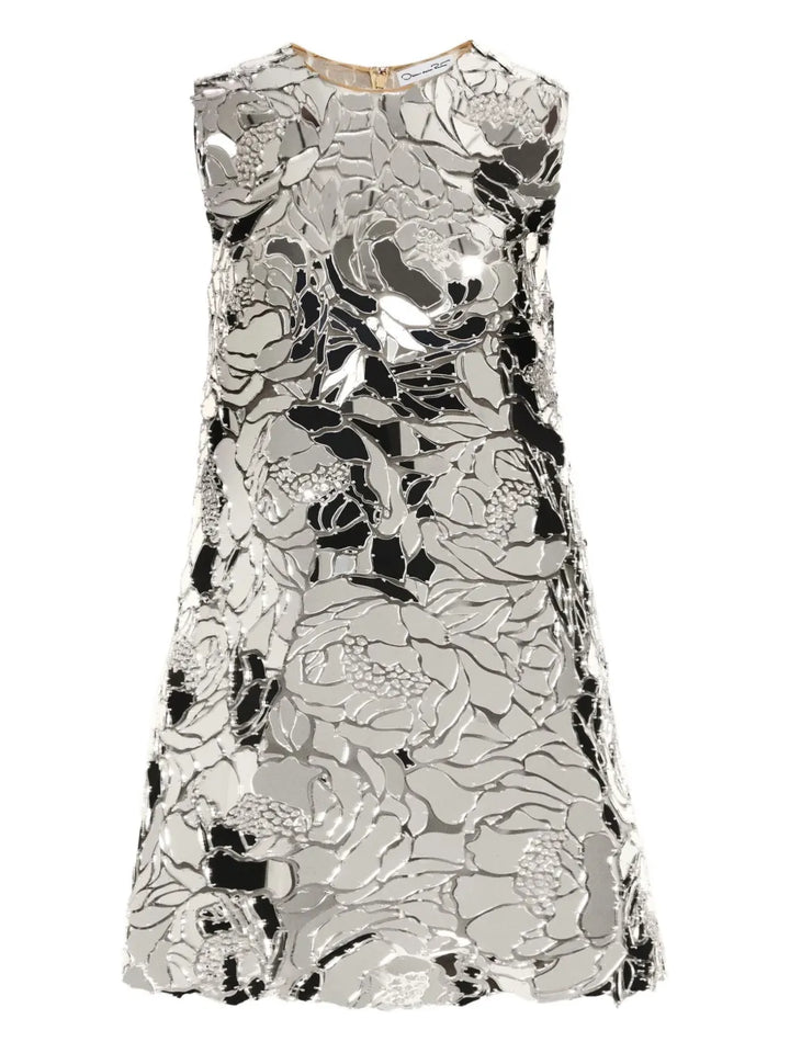 Oscar De La Renta Mirrored Floral Shift Mini Dress — Red/ Silver — Size L — Front View