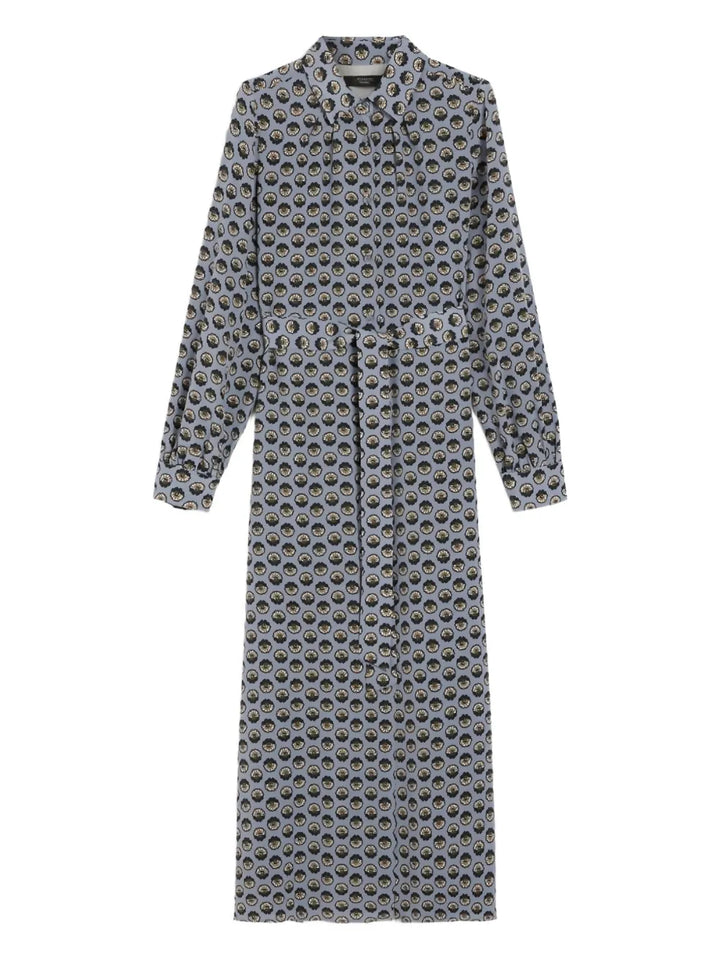 Weekend Max Mara Printed Silk Maxi Shirt Dress — Blue/ Red — Size S — Front View