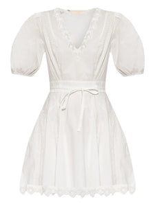 Ulla Johnson Puff Sleeve Embroidered Dress — White/ Red — Size XS — Front View