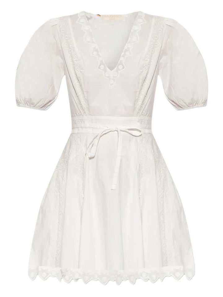 Ulla Johnson Puff Sleeve Embroidered Dress — White/ Red — Size XS — Front View