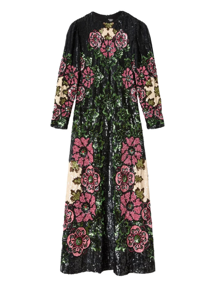 La Doublej Sequin Embroidery Floral Pattern Maxi Dress — Black — Size XS — Front View