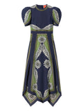 La Doublej Cherry Puff Sleeve Dress — Blue/ Navy — Size XS — Front View