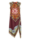 La Doublej Floral Print Fringe Asymmetric Day Dress — Brown — Size XS — Front View