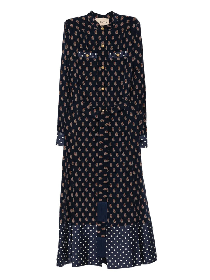 Valentino Garavani Paisley Print Polka Dot Midi Dress — Blue/ Navy/ Gold — Size XS — Front View