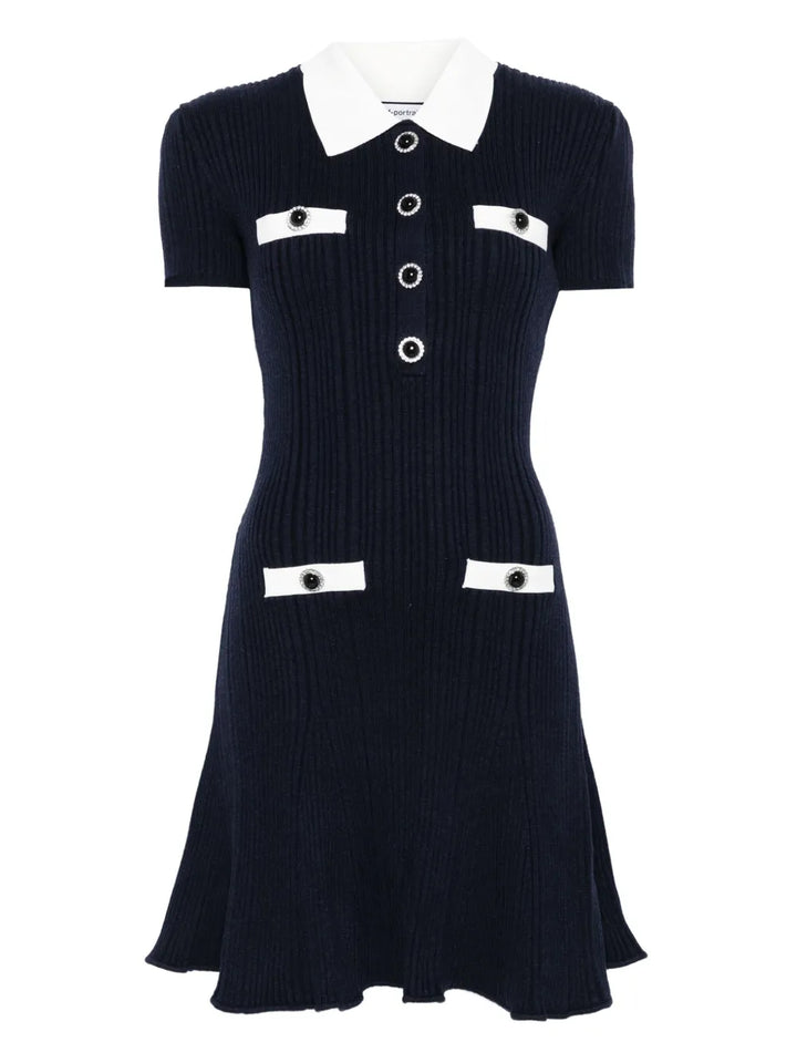 Self Portrait Collared Button Detail Mini Dress — Blue/ Red — Size XS — Front View