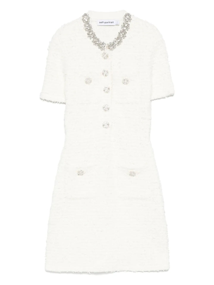 Self Portrait Embellished Button Detailed Mini Dress — Cream — Size XS — Front View