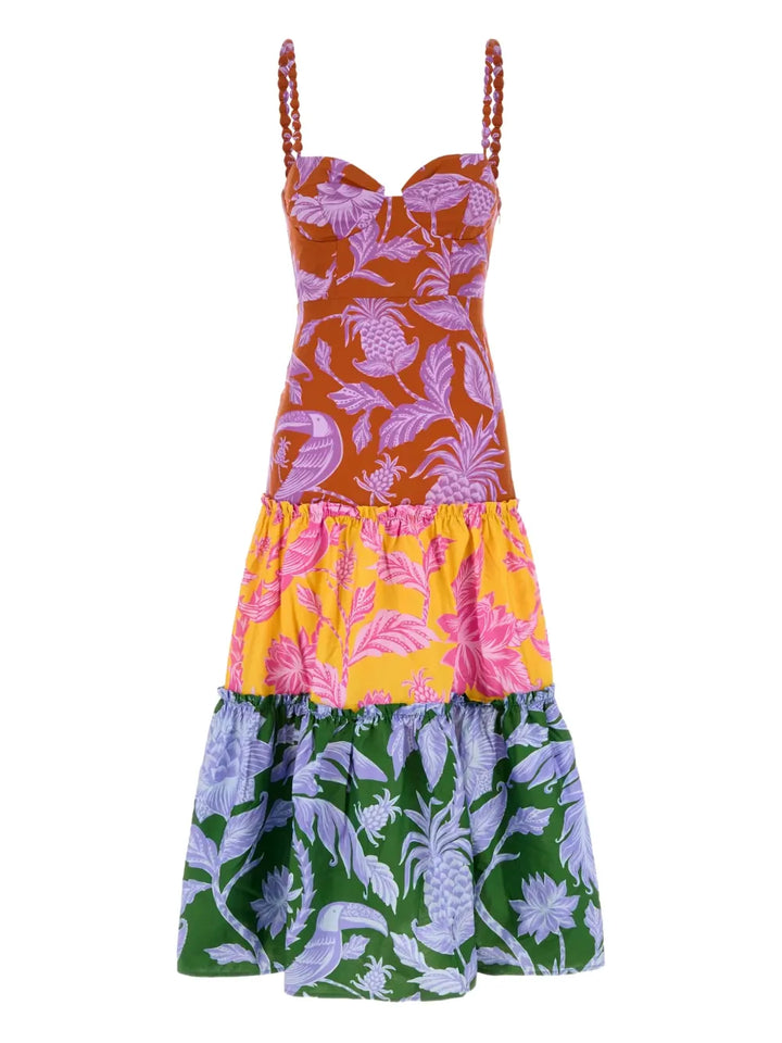 Farm Rio Tropical Print Tiered Midi Dress — Red/ Orange — Size S — Front View