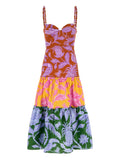 Farm Rio Tropical Print Tiered Midi Dress — Red/ Orange — Size S — Front View