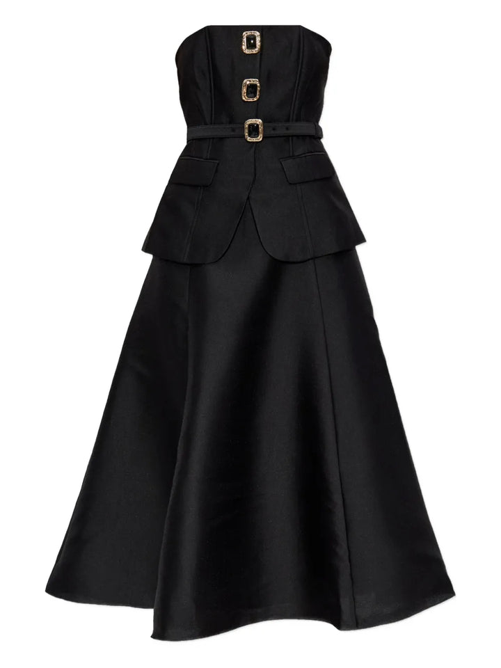 Self Portrait Belted Buckle Detail Dress — Black/ Red — Size S — Front View