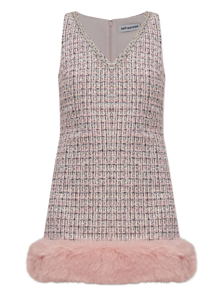 Self Portrait Embellished Fur Trimmed Dress — Pink — Size S — Front View