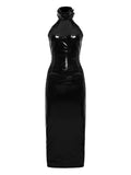 Lika High Neck Open Back Midi Dress — Black — Size L — Front View