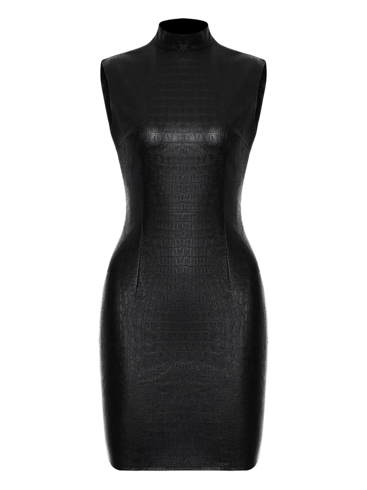 Lika High Neck Crocodile Effect Mini Dress — Black — Size S — Front View