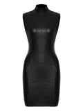 Lika High Neck Crocodile Effect Mini Dress — Black — Size S — Front View