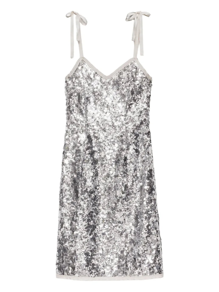 Prada Ribbon Strap Sequinned Dress — Silver — Size M — Front View