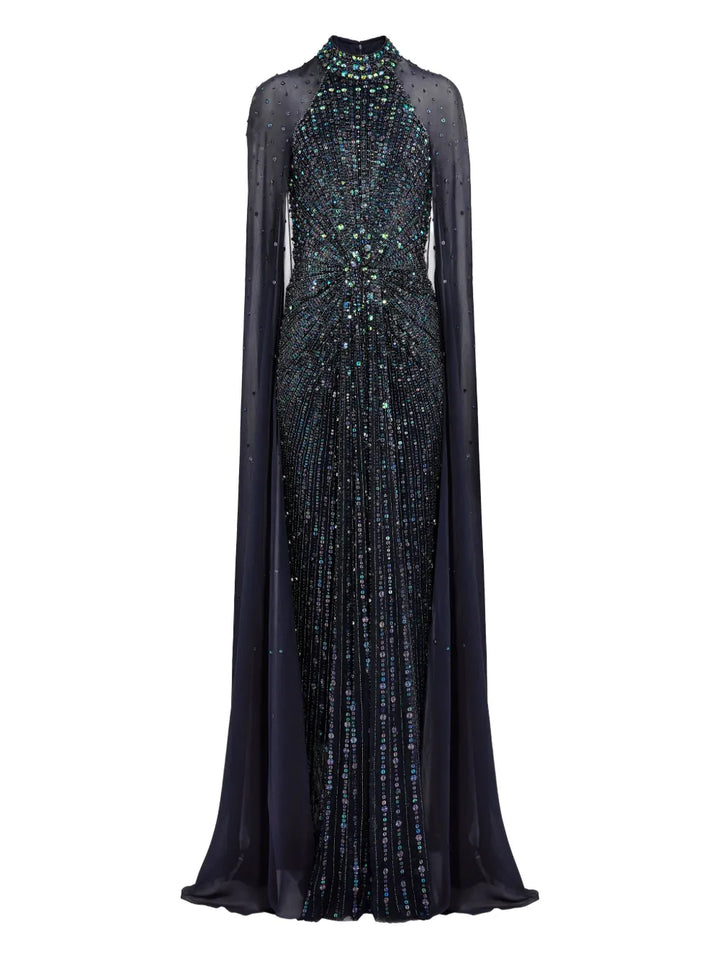 Jenny Packham Thea Embellished Cape Maxi Dress — Black — Size XS — Front View