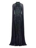 Jenny Packham Thea Embellished Cape Maxi Dress — Black — Size XS — Front View