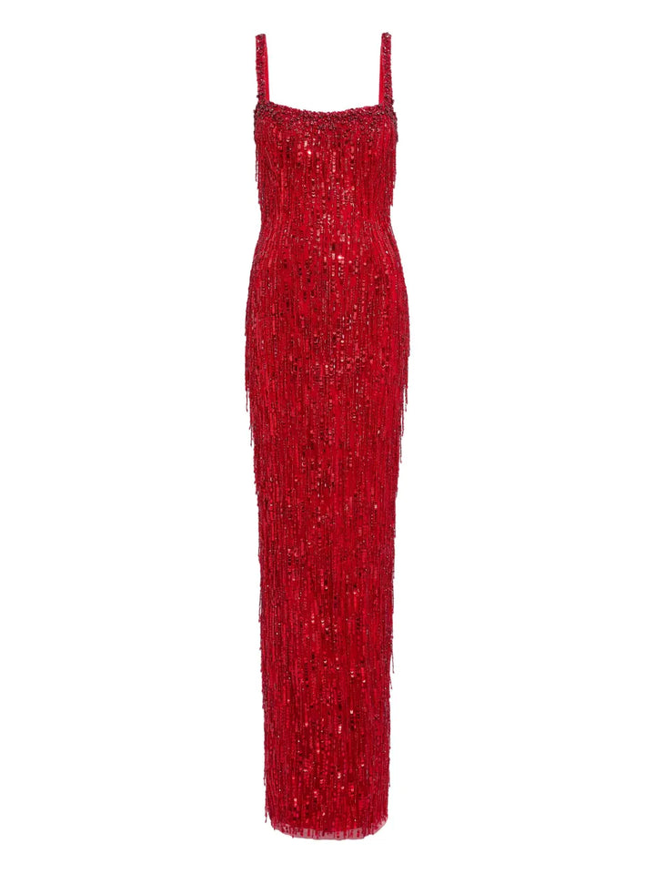 Jenny Packham Sequin Embellishments Fringe Detail Maxi Dress — Red — Size L — Front View
