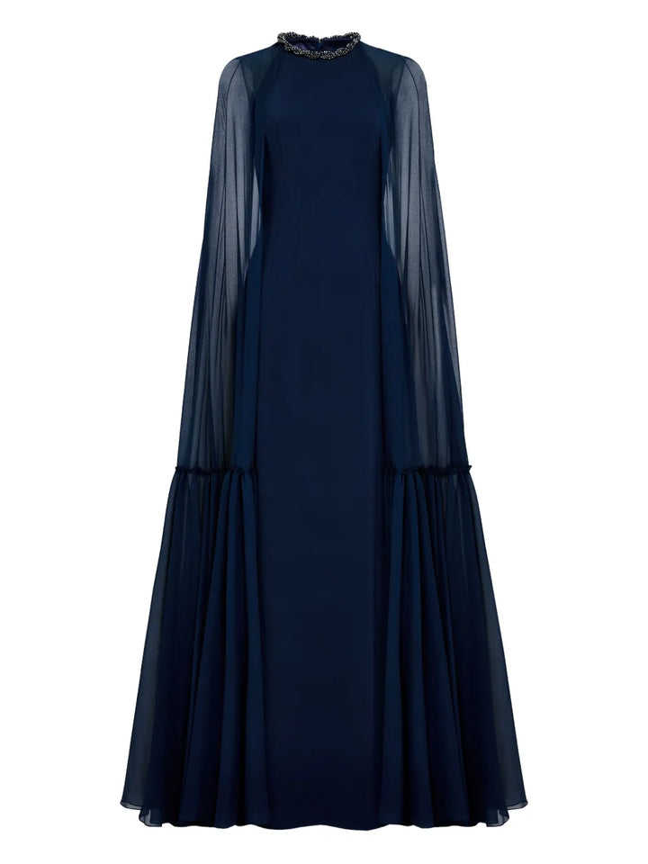 Jenny Packham Cape Design Maxi Dress — Blue — Size S — Front View