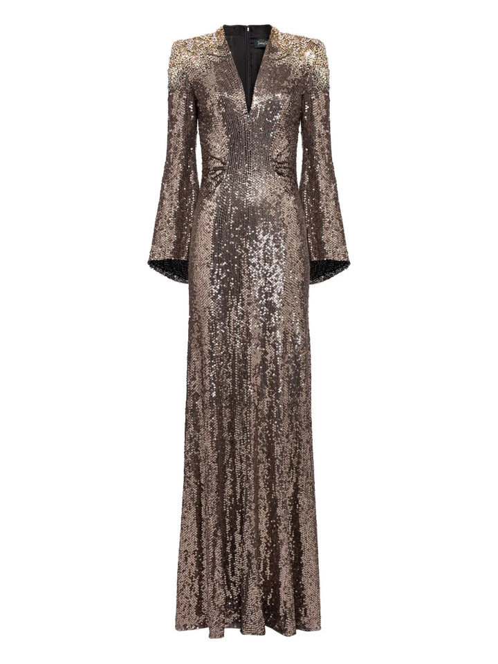 Jenny Packham Sequin Embellished Bell Sleeve Maxi Dress — Brown — Size S — Front View