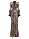 Jenny Packham Sequin Embellished Bell Sleeve Maxi Dress — Brown — Size S — Front View
