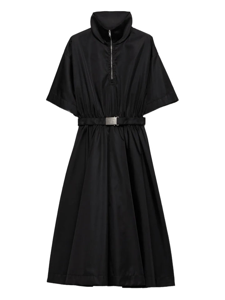 Prada Re Nylon Belted Midi Dress — Black/ Tan — Size XS — Front View