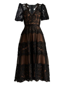 Tadashi Shoji Belline Puff Sleeve Embroidered Dress — Black/ Red — Size XL — Front View