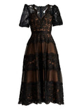 Tadashi Shoji Belline Puff Sleeve Embroidered Dress — Black/ Red — Size XL — Front View