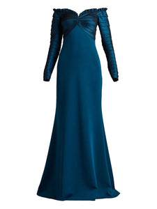 Tadashi Shoji Ruffled Long Sleeve Maxi Dress — Blue — Size XS — Front View