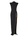 Balmain Zip Detail Shoulder Pad Maxi Dress — Black — Size XS — Front View