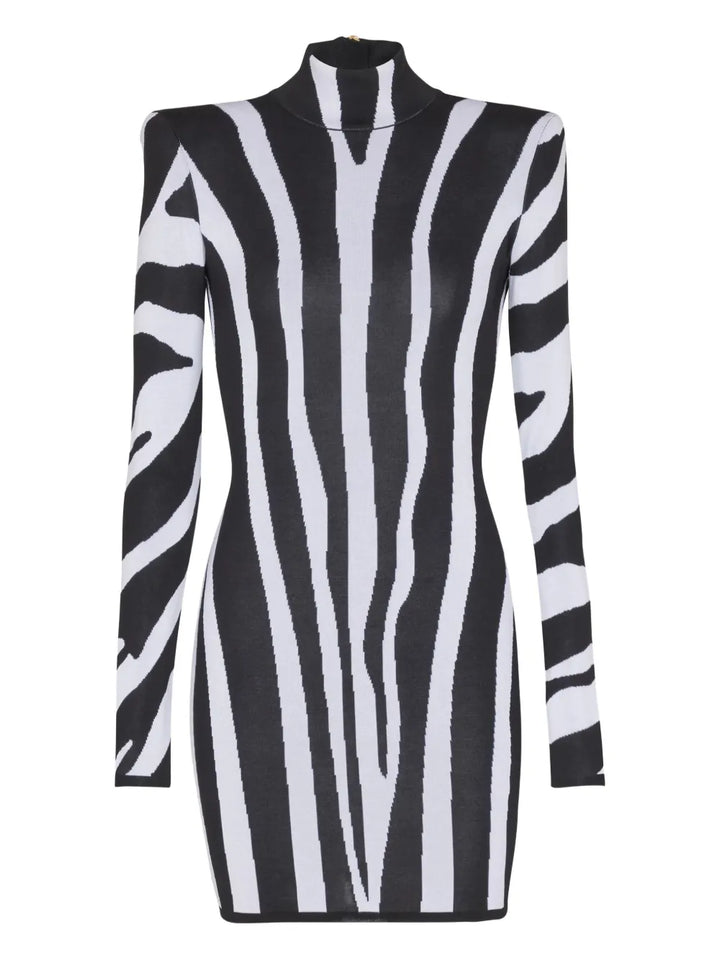 Balmain Zebra Intarsia High Neck Mini Dress — Black/ White — Size XS — Front View