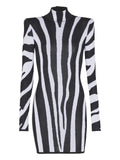 Balmain Zebra Intarsia High Neck Mini Dress — Black/ White — Size XS — Front View