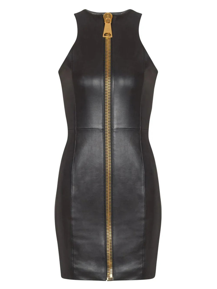 Balmain Leather Mini Dress — Black — Size S — Front View