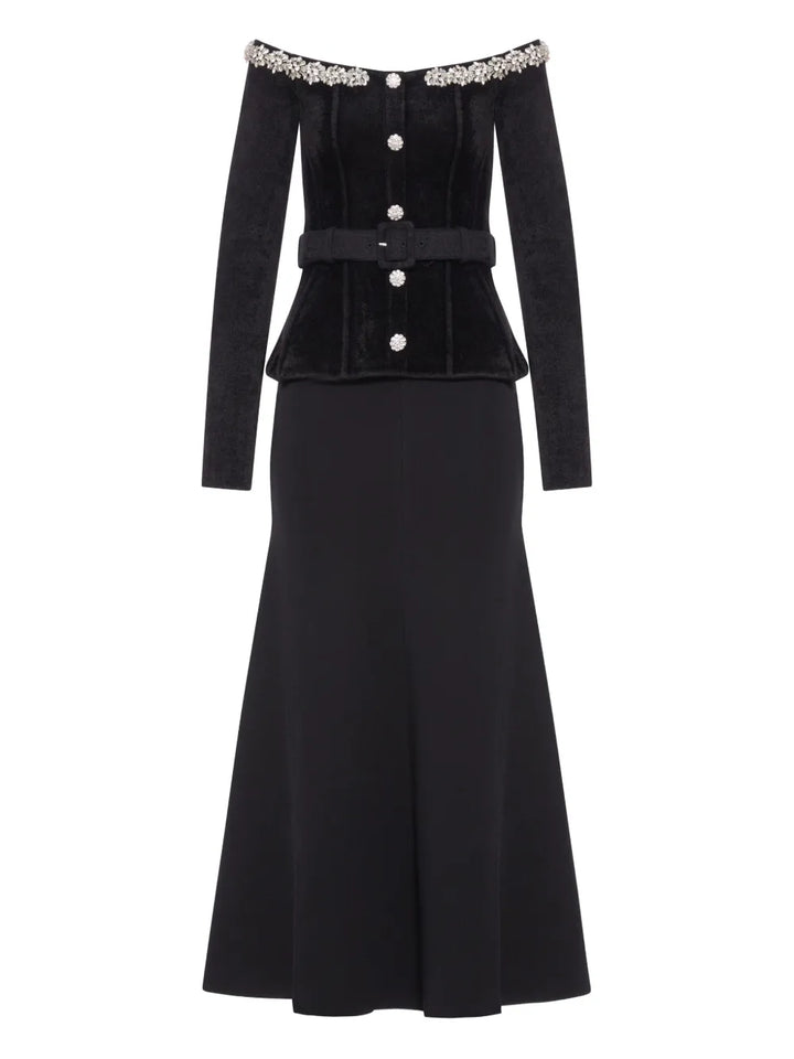 Self Portrait Crystal Embellished Chenille Belted Maxi Dress — Black/ Red — Size S — Front View