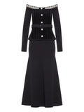 Self Portrait Crystal Embellished Chenille Belted Maxi Dress — Black/ Red — Size S — Front View